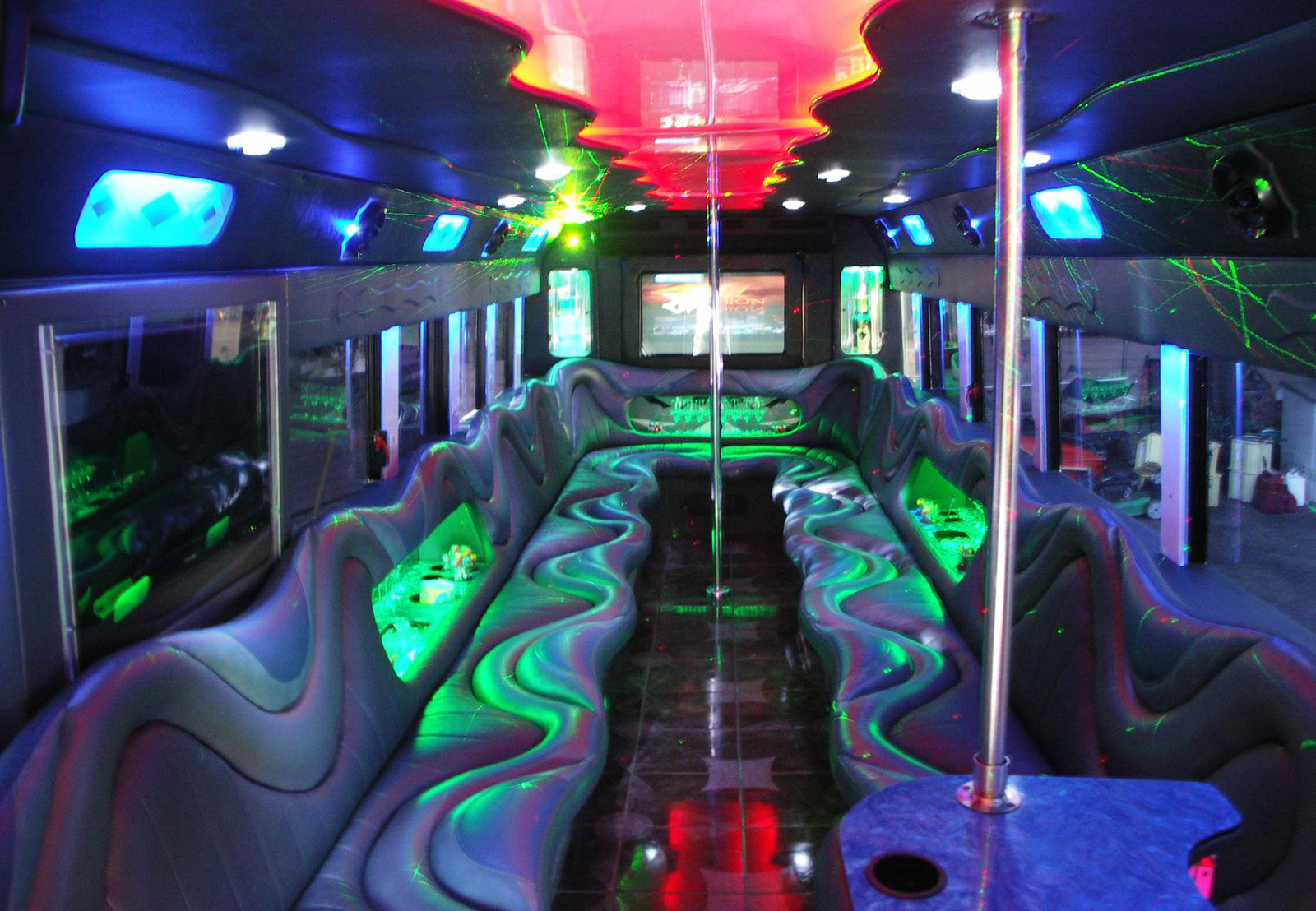 interior of party bus with pole