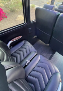 Close up of the leather seats in the mini coach bus