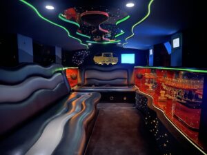 Hummer limo interior with party lights, limo seating and built in bar