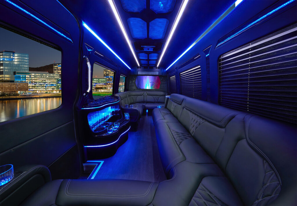 Interior view of Mercedes sprinter limo with bench seating