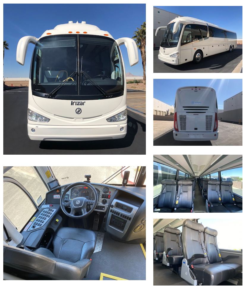 full size coach 50 passenger charter bus with leather seats, restroom, and big windows for road trips and corporate shuttling