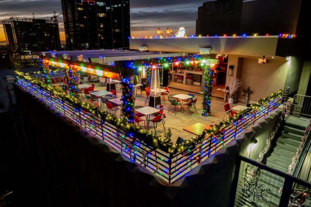 Bird's Eye view of Miracle Bar decorated for Christmas