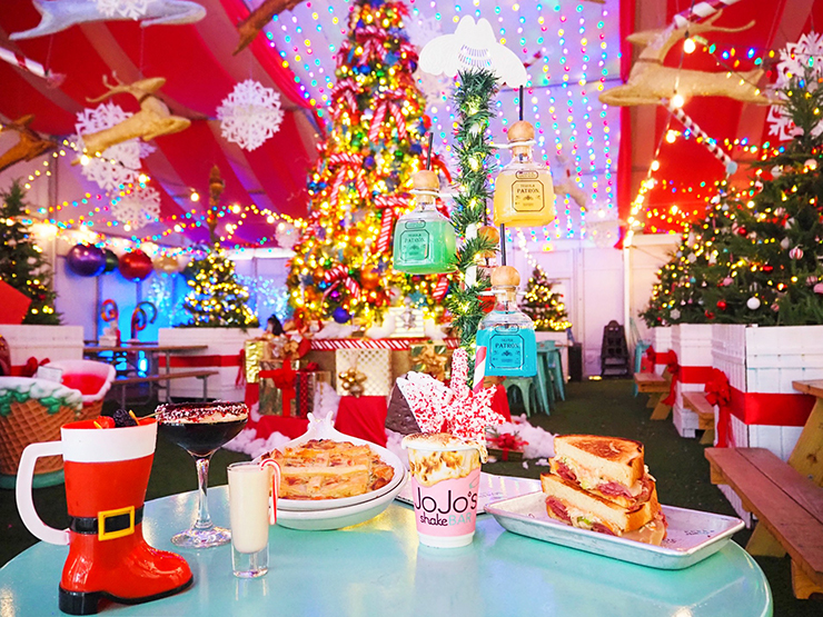 Festive decor adorns JoJo's ShakeBAR along a Christmas tour