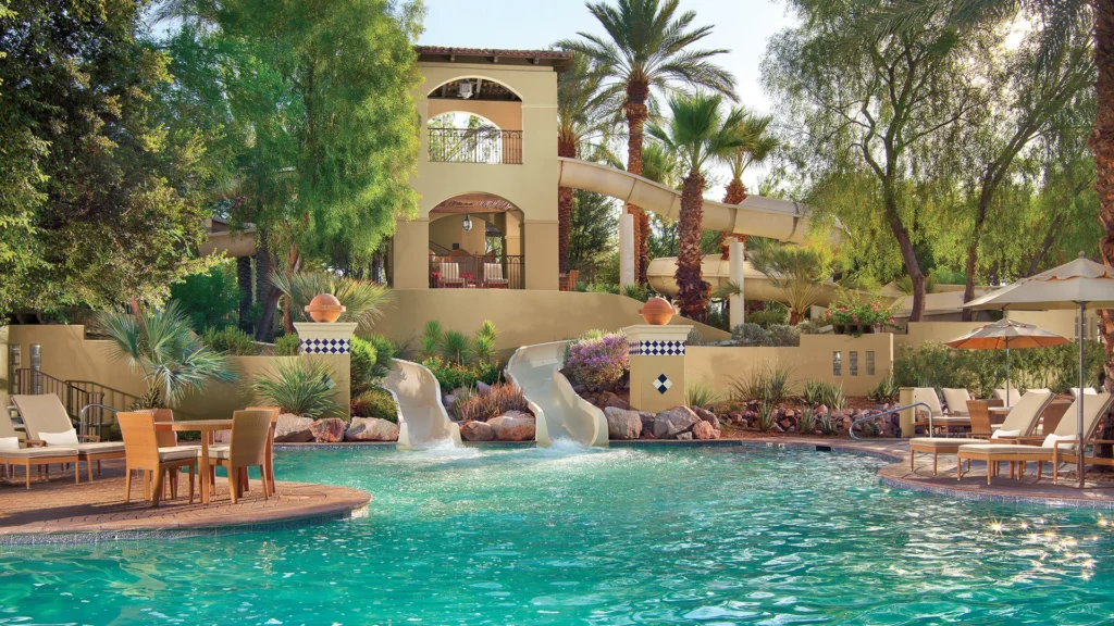 Water slides into a pool at Fairmont Scottsdale Princess