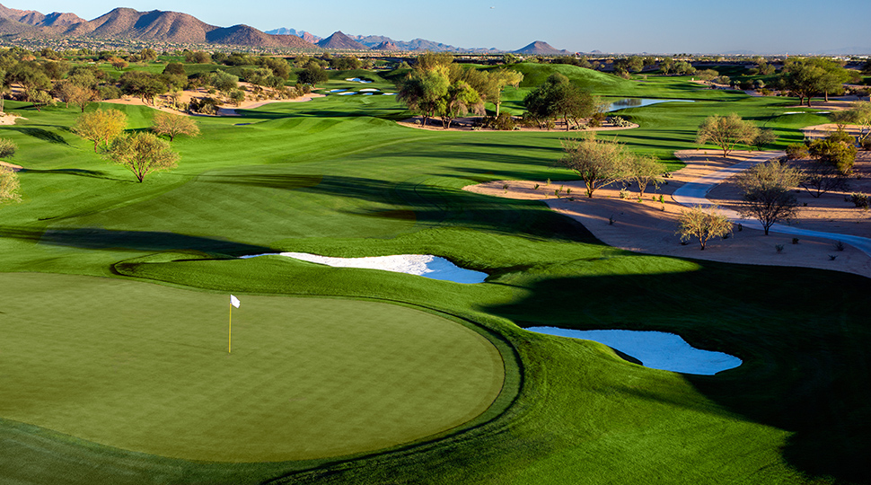 Birds eye view of one of the holes at TPC Scottsdale golf course