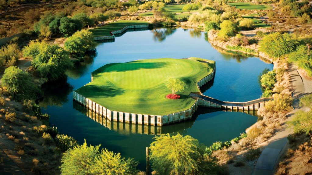 A unique hole's putting green at Grayhawk which is floating in the middle of a lake